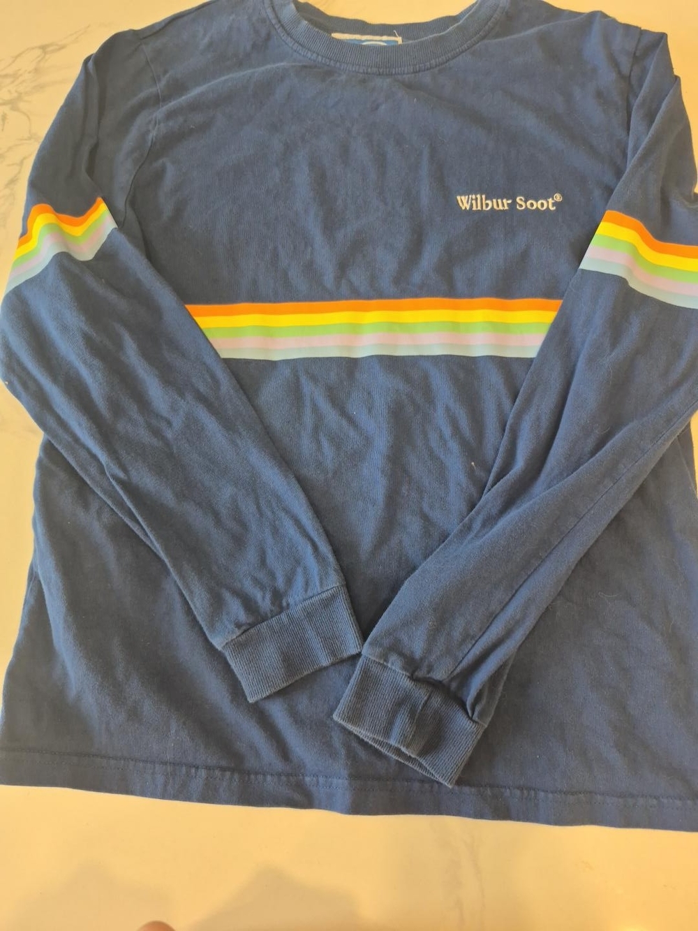 Wilbur Soot Size M Navy Long-Sleeve Tee with Rainbow Stripe